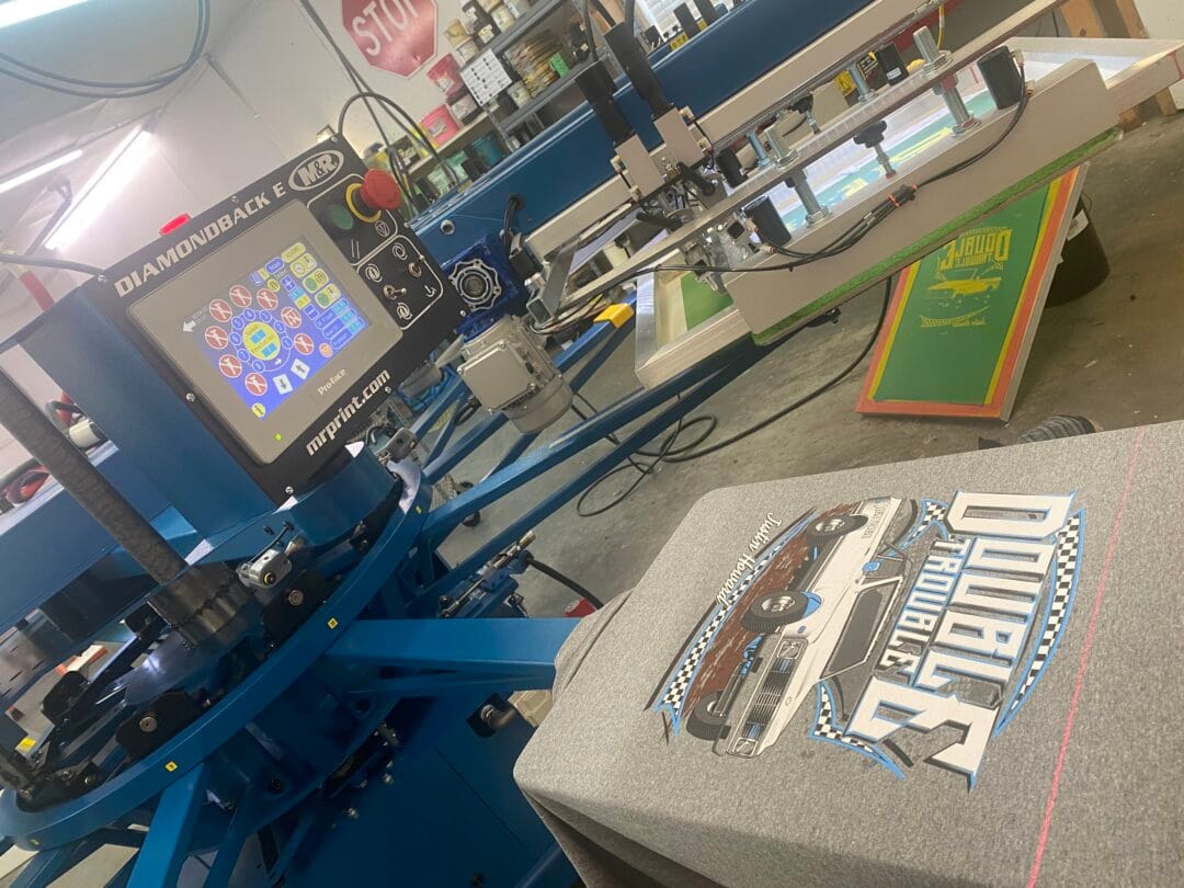 Pictured here is our M&R automatic screen printing press at work at our facilities in Joplin, MO.
