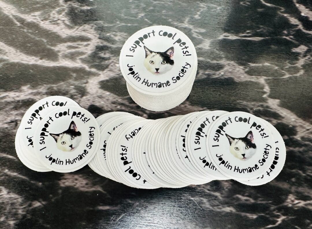 Custom die-cut stickers designed and printed for the Joplin Humane Society, with the phrase “I Support Cool Pets
