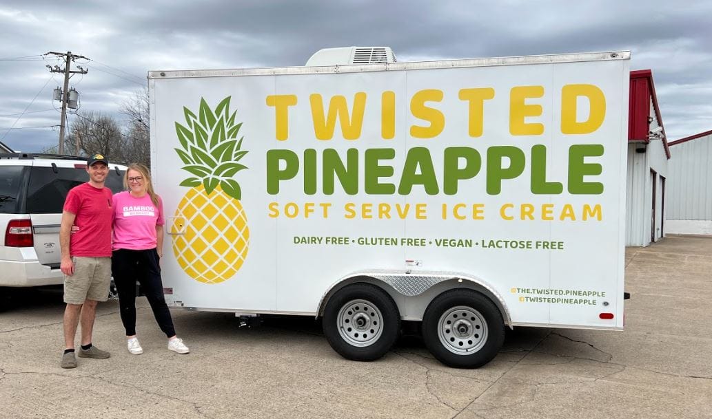 Pictured here is the custom trailer lettering we created for Twisted Pineapple, a soft-serve ice cream business run by the same folks behind Bamboo Chinese in Webb City, Missouri.
