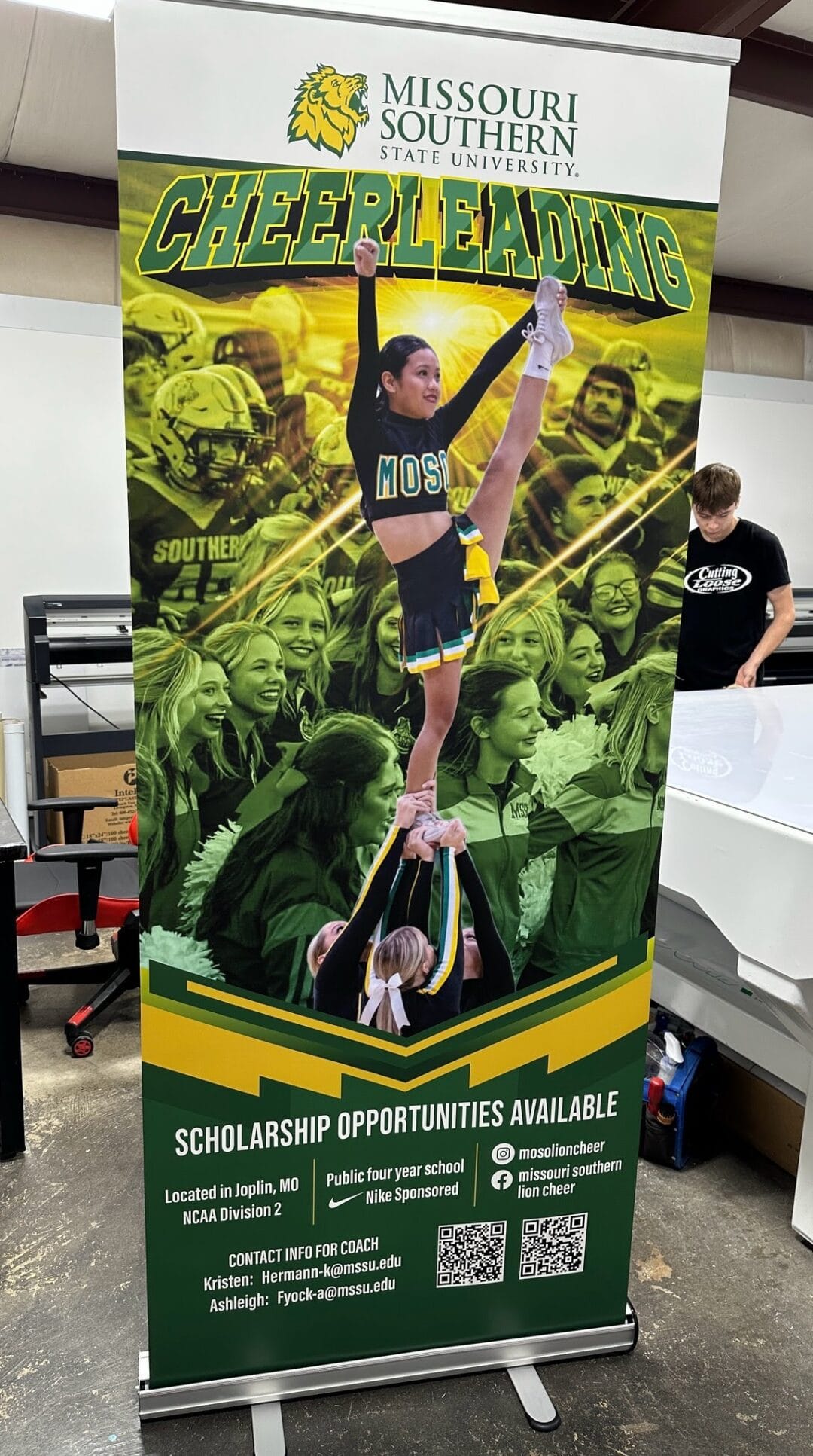 Missouri Southern State University Vertical Retractable Banner with Stand promoting Scholarship Opportunities for Cheerleading
